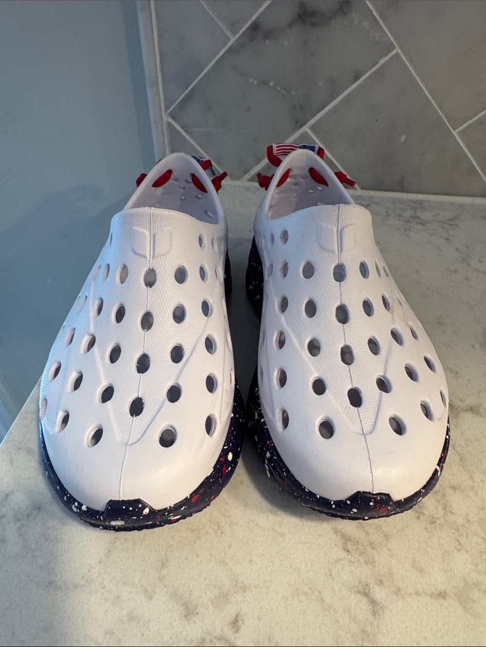 Kids White Water Shoes with Navy Speckled Sole